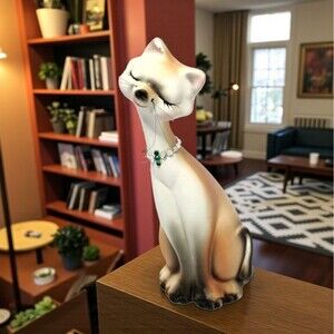 Vintage Ardco Siamese Cat Figurine Japan 7.5" Ceramic Kitty w/ Whiskers Collar